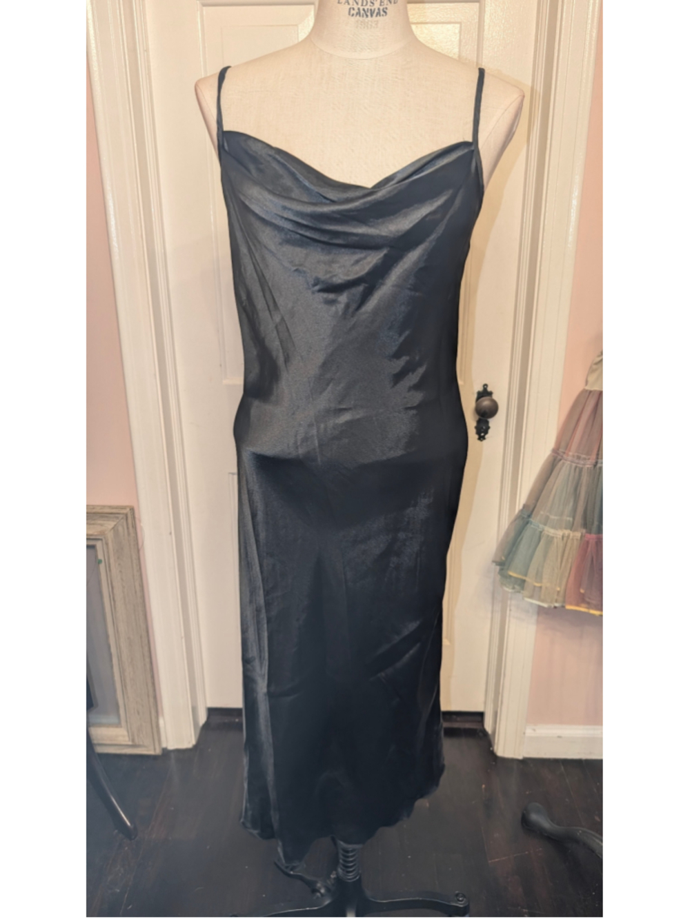 Vintage Bebe Black Satin Cowl Neck Midi slip Dress Size M